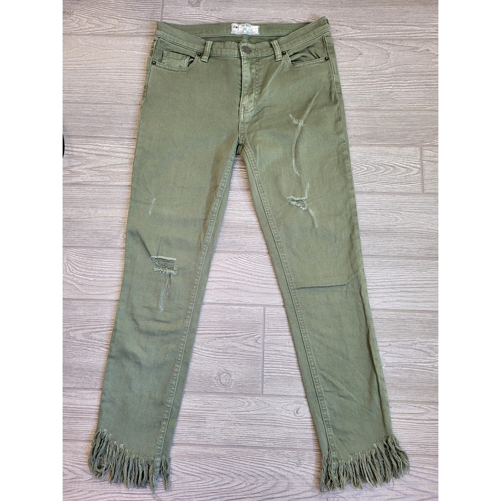 Free People Olive Green Distressed Fringed Hem Skinny Jeans 25